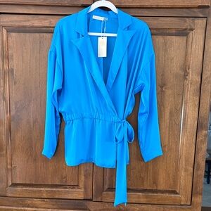 New Ramy Brook Vibrant Cerul Blue Wrap Blouse Jacket XS